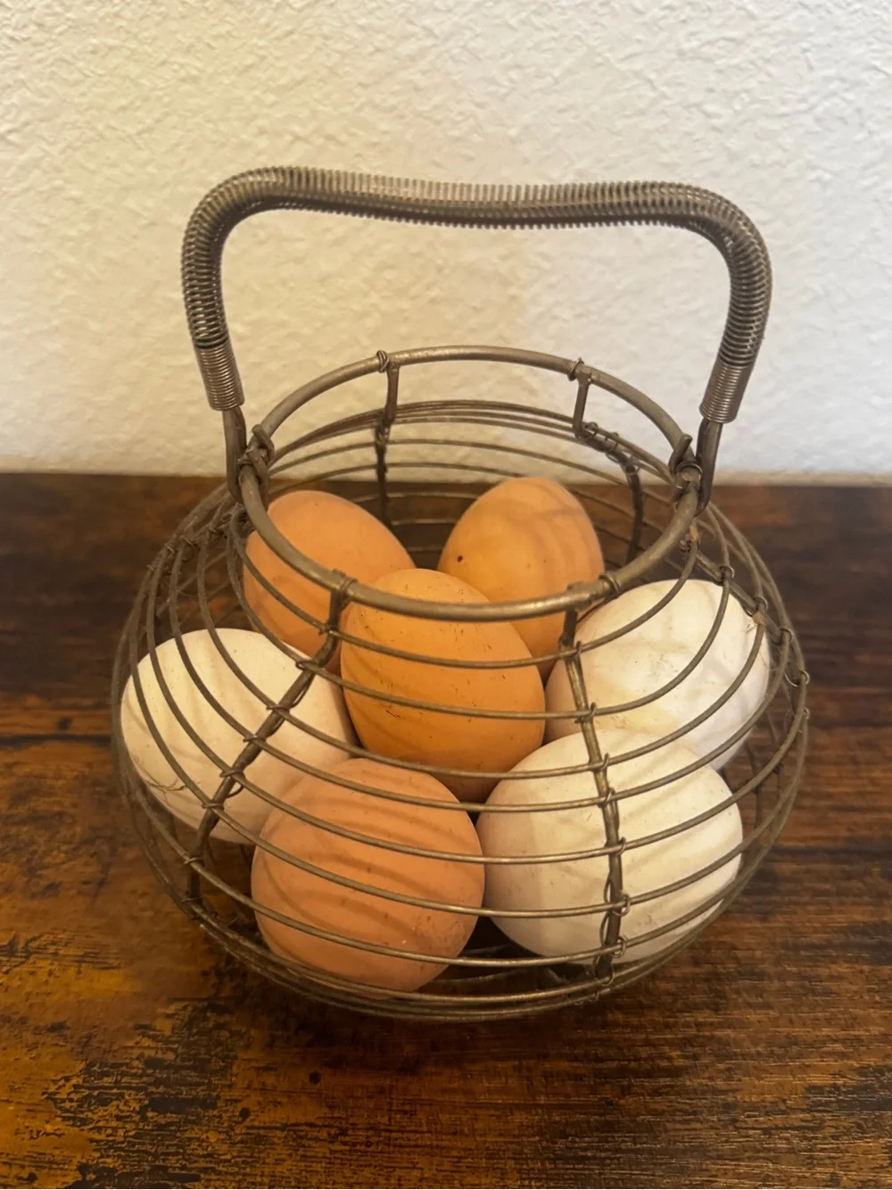 Vintage Wire Egg Basket with Faux Eggs Rustic Farmhouse Cottagecore Decor